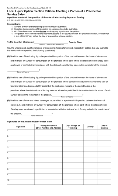 Form 5-Q Local Liquor Option Election Petition Affecting a Portion of a Precinct for Sunday Sales - Ohio