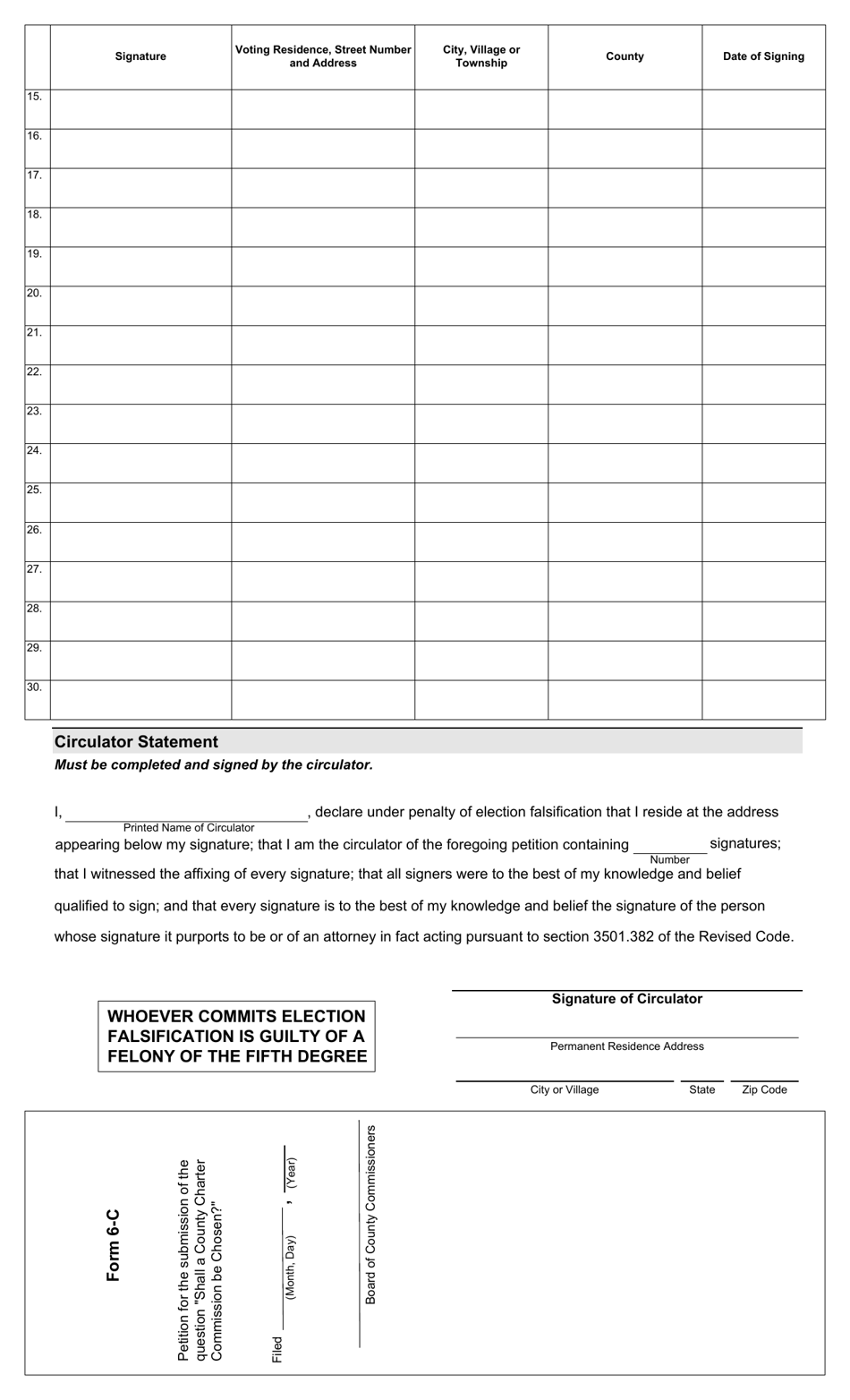 Form 6-C Petition for Submission of the Question shall a County Charter Commission Be Chosen? - Ohio, Page 2