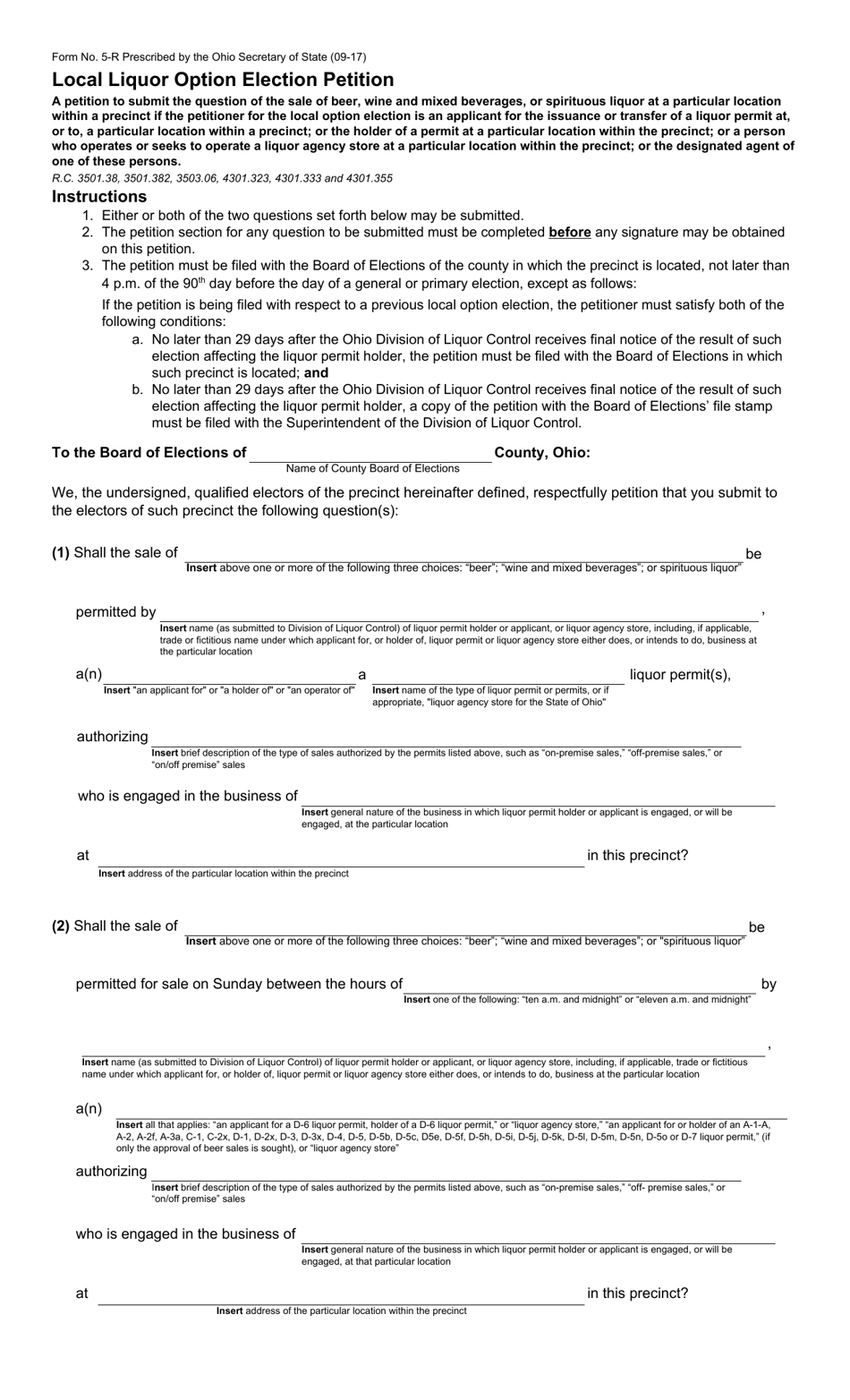 Form 5-R Local Liquor Option Election Petition - Ohio, Page 1