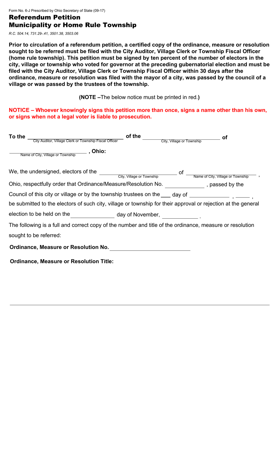 Form 6-J Referendum Petition Municipality or Home Rule Township - Ohio, Page 1