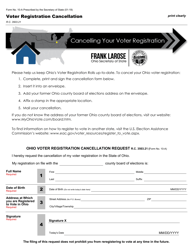 Document preview: Form 10-A Voter Registration Cancellation - Ohio