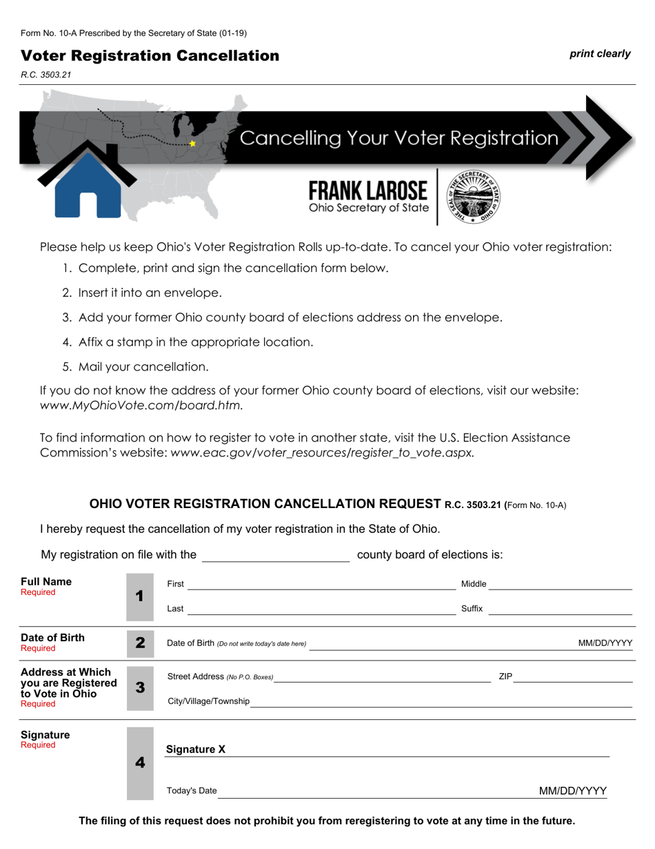 Form 10-A Voter Registration Cancellation - Ohio, Page 1