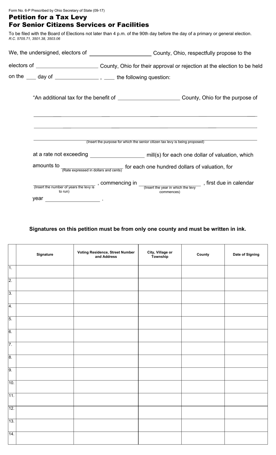 Form 6-P Petition for a Tax Levy for Senior Citizens Services or Facilities - Ohio, Page 1