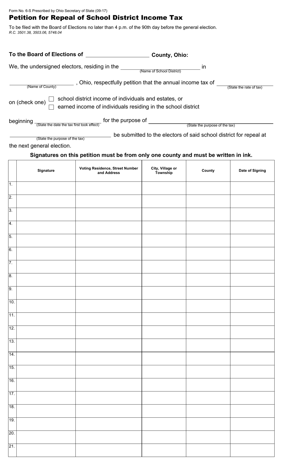 Form 6-S Petition for Repeal of School District Income Tax - Ohio, Page 1