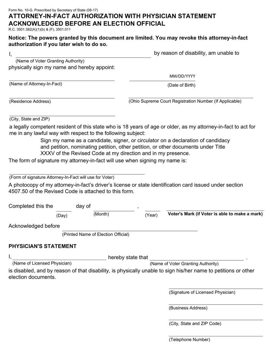 Form 10-G Attorney-In-fact Authorization With Physician Statement Acknowledged Before an Election Official - Ohio, Page 1