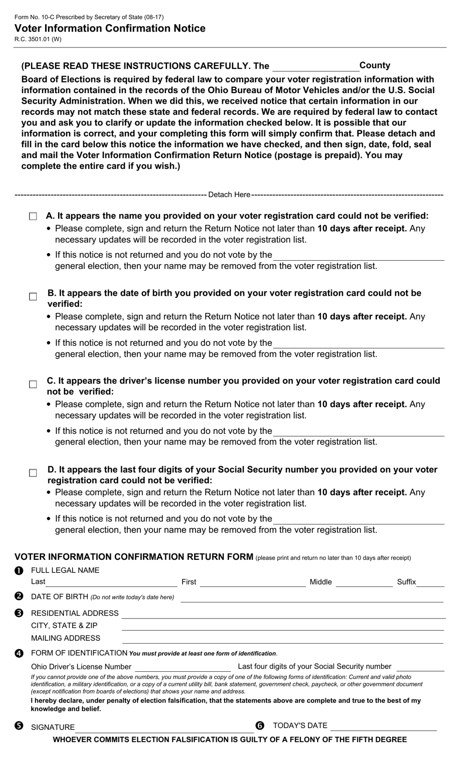 Form 10-C Voter Information Confirmation Notice - Ohio, Page 1