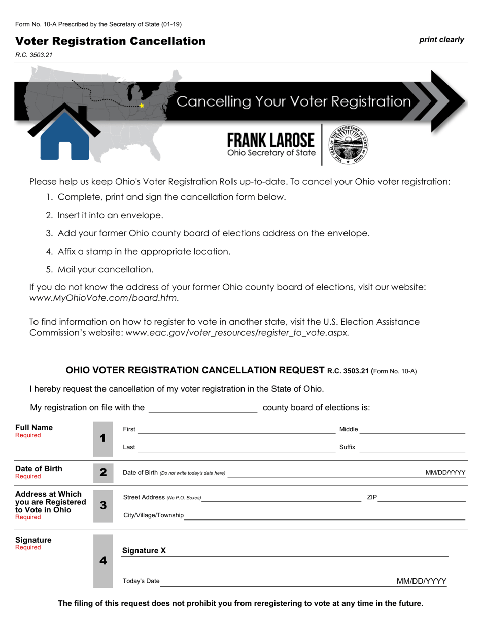 Form 10-A Voter Registration Cancellation - Ohio (English / Spanish), Page 1