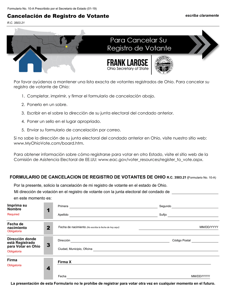 Form 10-A Voter Registration Cancellation - Ohio (English / Spanish), Page 2
