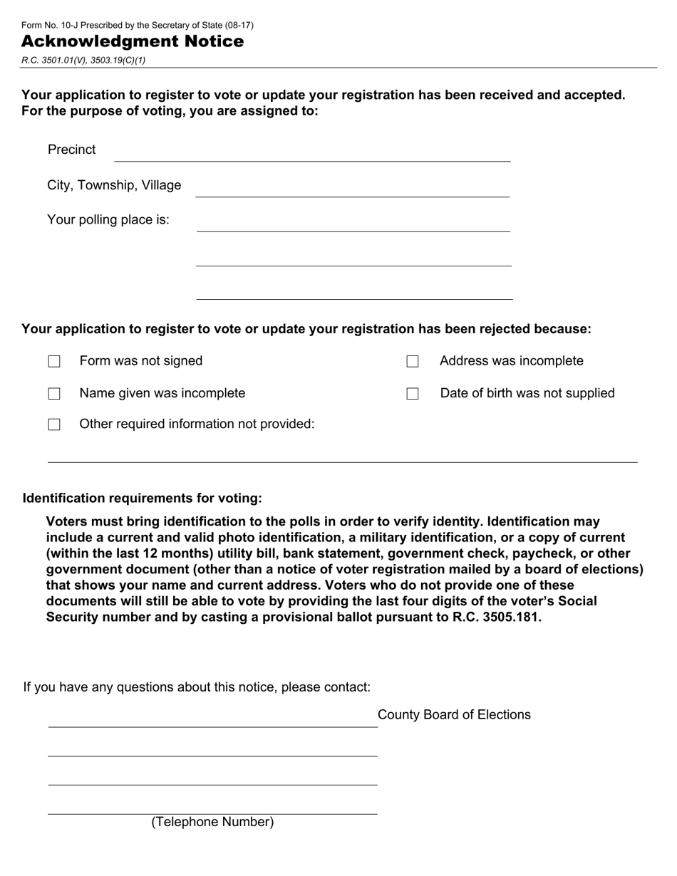 Form 10-J Acknowledgment Notice - Ohio, Page 1