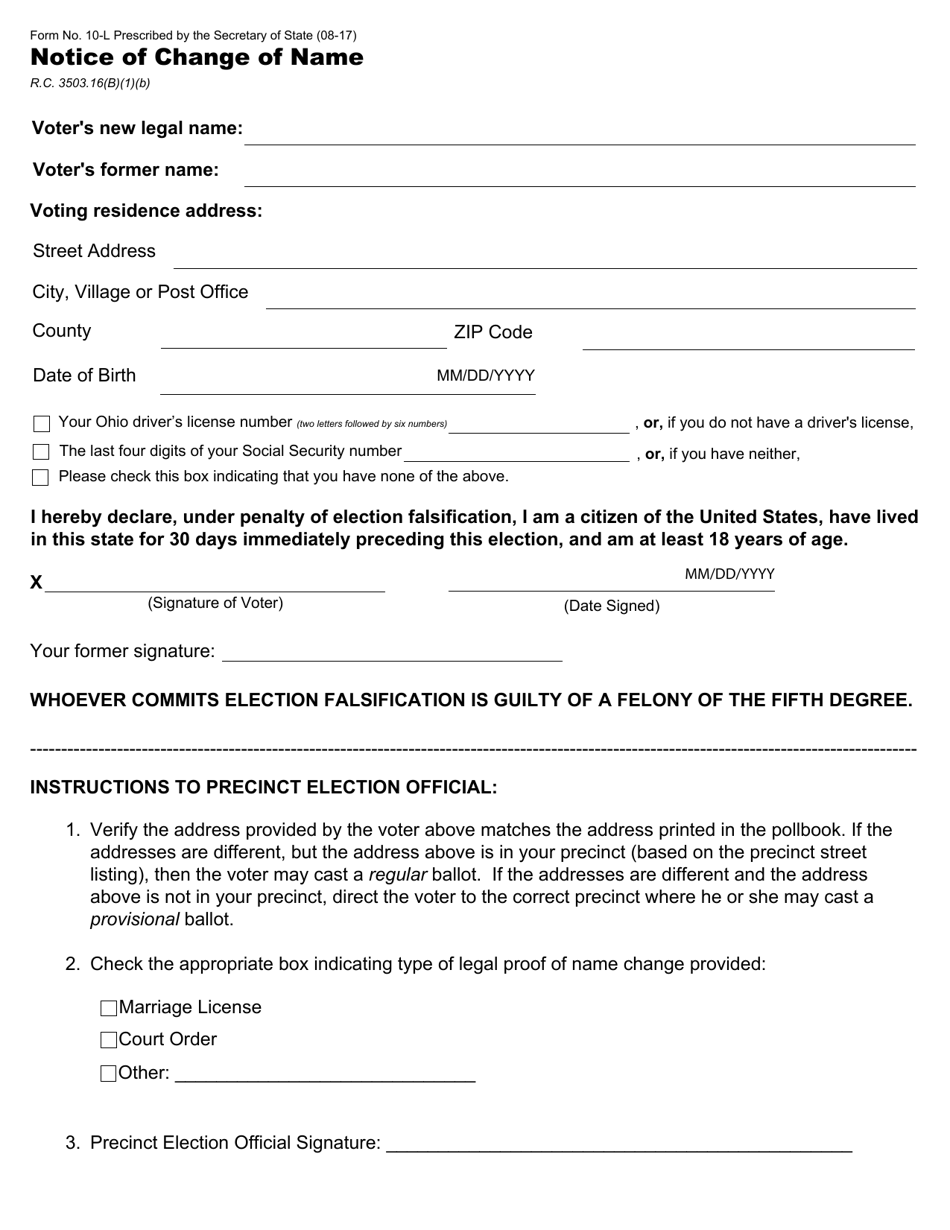 Form 10-L Notice of Change of Name - Ohio, Page 1