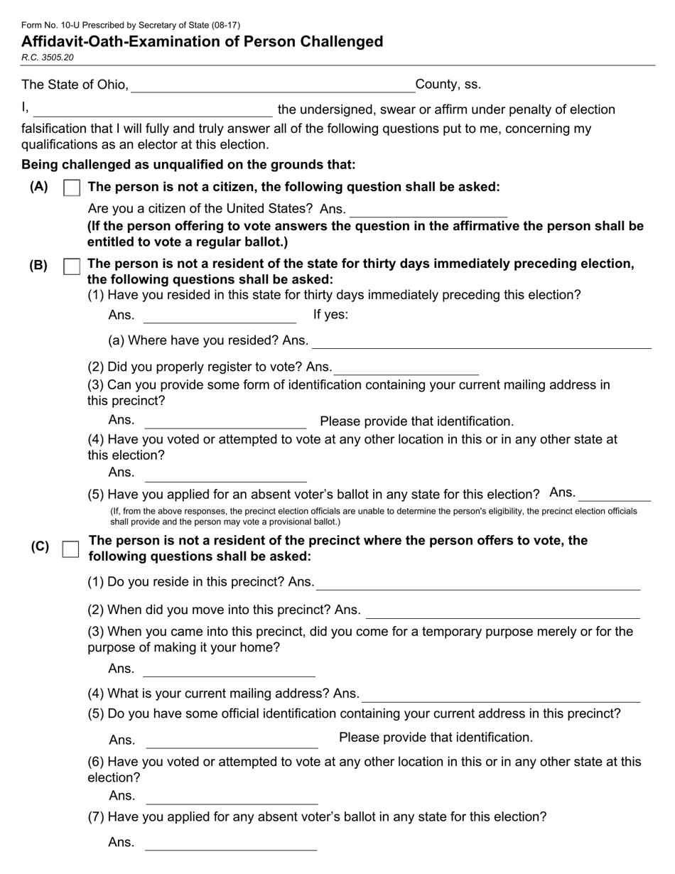 Form 10-U Affidavit-Oath-Examination of Person Challenged - Ohio, Page 1