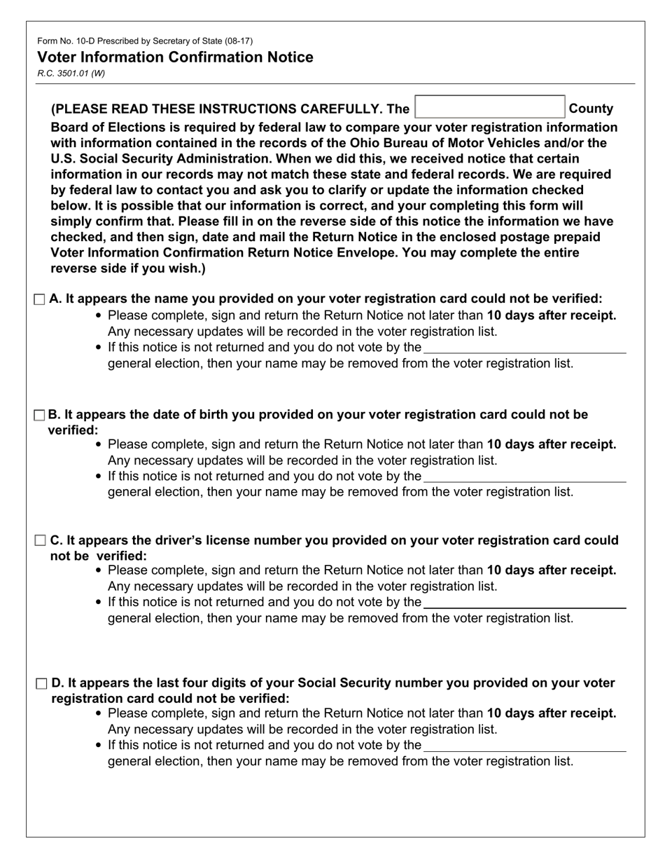 Form 10-D Voter Information Confirmation Notice - Ohio, Page 1