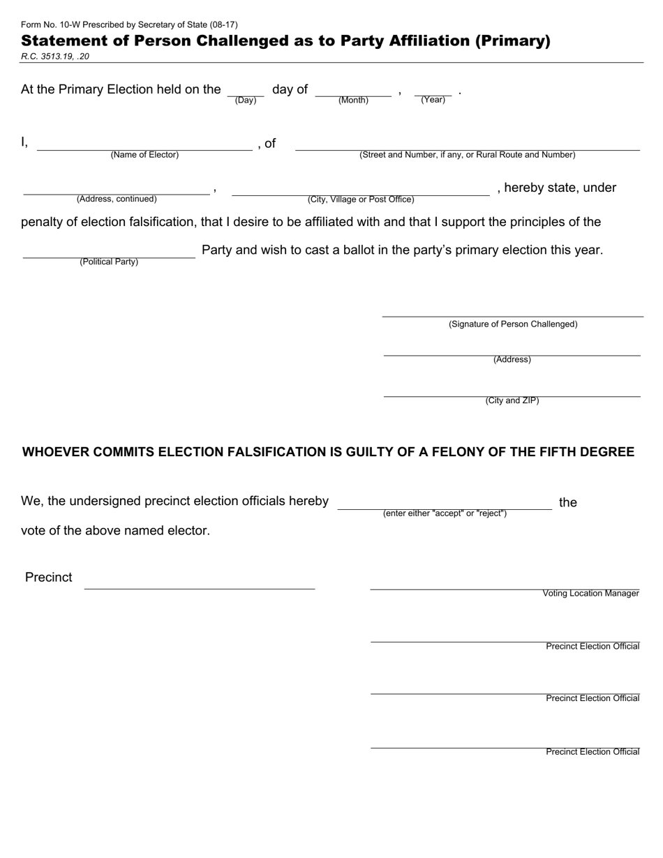 Form 10-W Statement of Person Challenged as to Party Affiliation (Primary) - Ohio, Page 1
