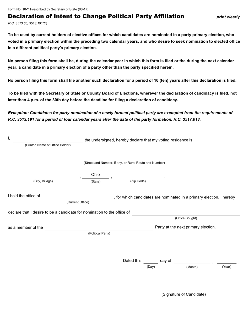 Form 10-Y Declaration of Intent to Change Political Party Affiliation - Ohio, Page 1