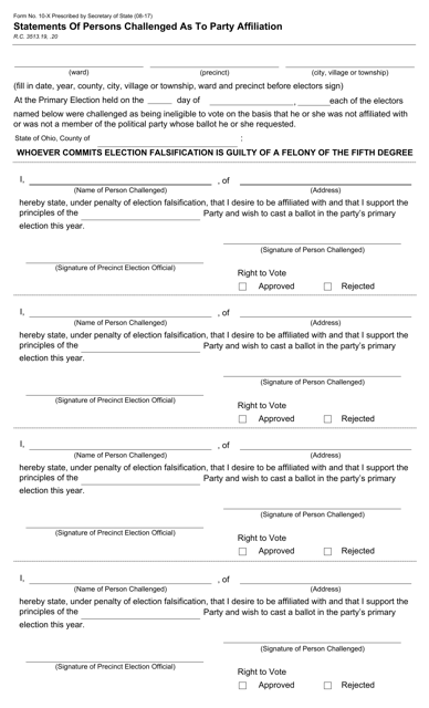 Form 10-X Statements of Persons Challenged as to Party Affiliation - Ohio