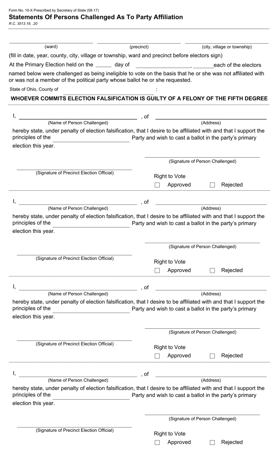 Form 10-X Statements of Persons Challenged as to Party Affiliation - Ohio, Page 1