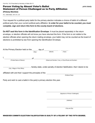 Document preview: Form 10-Z Person Voting by Absent Voter's Ballot Statement of Person Challenged as to Party Affiliation (Primary Election) - Ohio