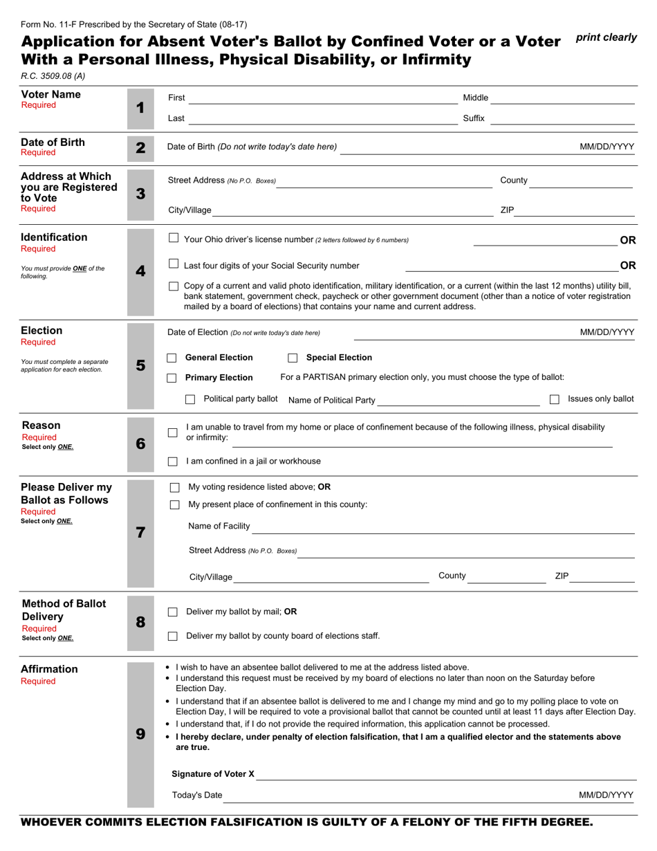 Form 11 F Download Fillable Pdf Or Fill Online Application For Absent Voter S Ballot By Confined Voter Or A Voter With A Personal Illness Physical Disability Or Infirmity Ohio Templateroller