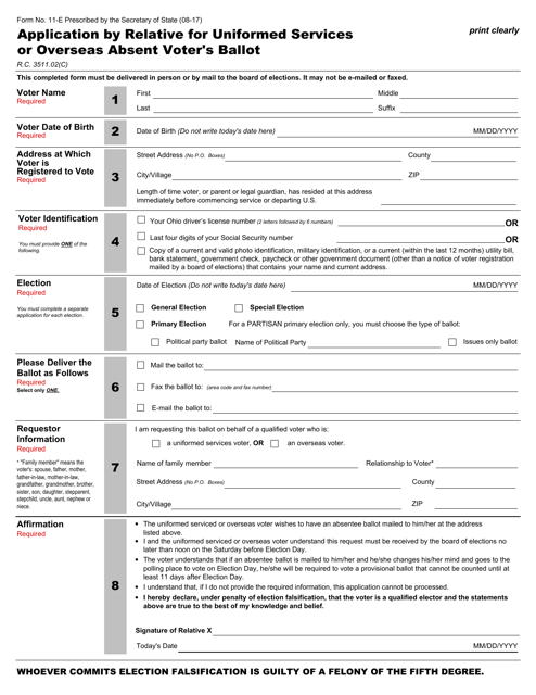 Form 11-E Application by Relative for Uniformed Services or Overseas Absent Voter's Ballot - Ohio