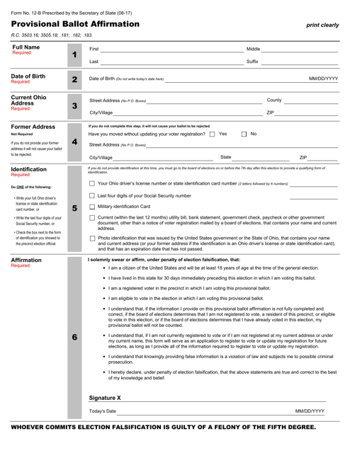 Form 12-B Provisional Ballot Affirmation - Ohio