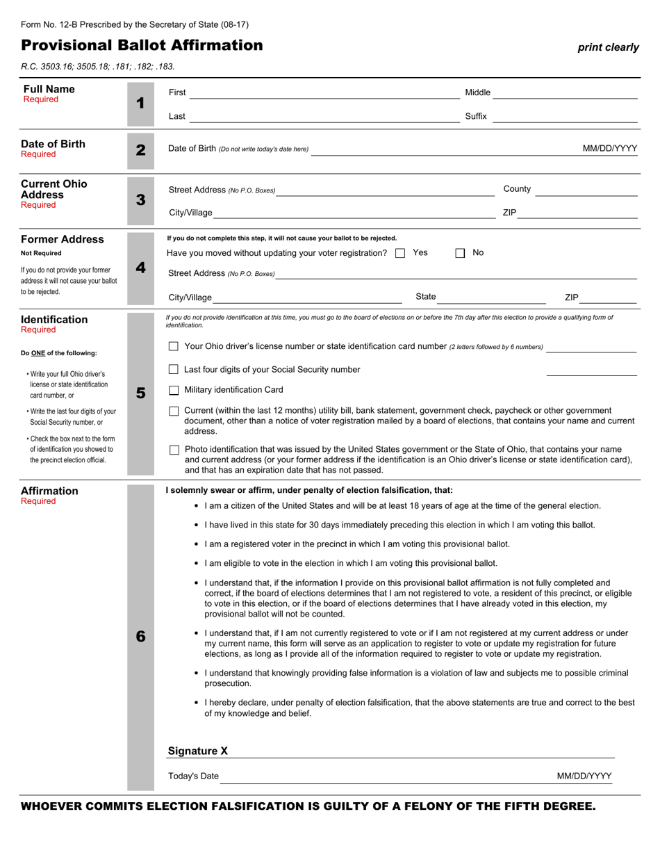 Form 12-B Provisional Ballot Affirmation - Ohio, Page 1