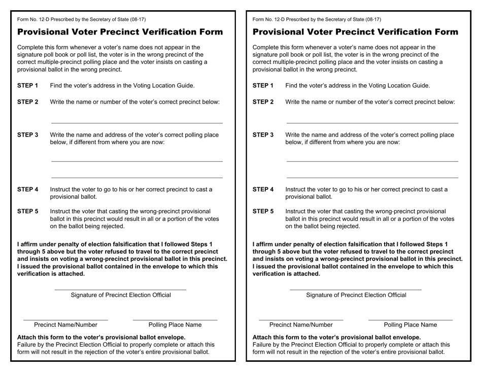Form 12-D Provisional Voter Precinct Verification Form - Ohio, Page 1