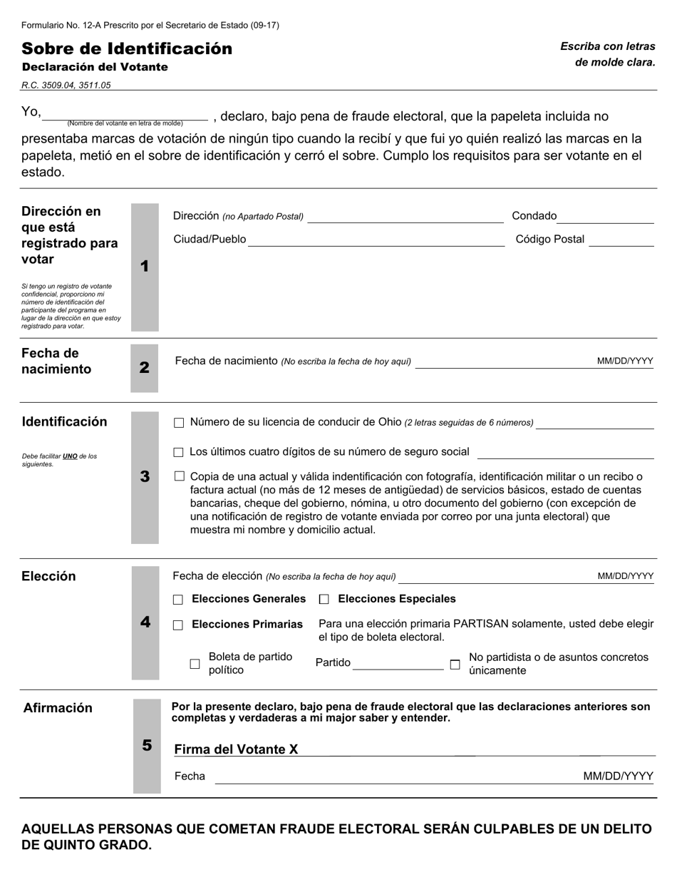 Formulario 12-A Sobre De Identificacion - Declaracion Del Votante - Ohio (Spanish), Page 1