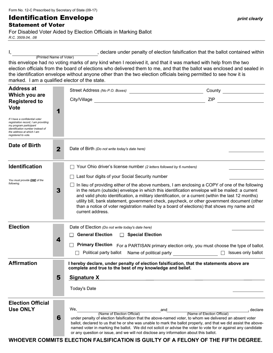 Form 12-C Identification Envelope - Statement of Voter - Ohio, Page 1