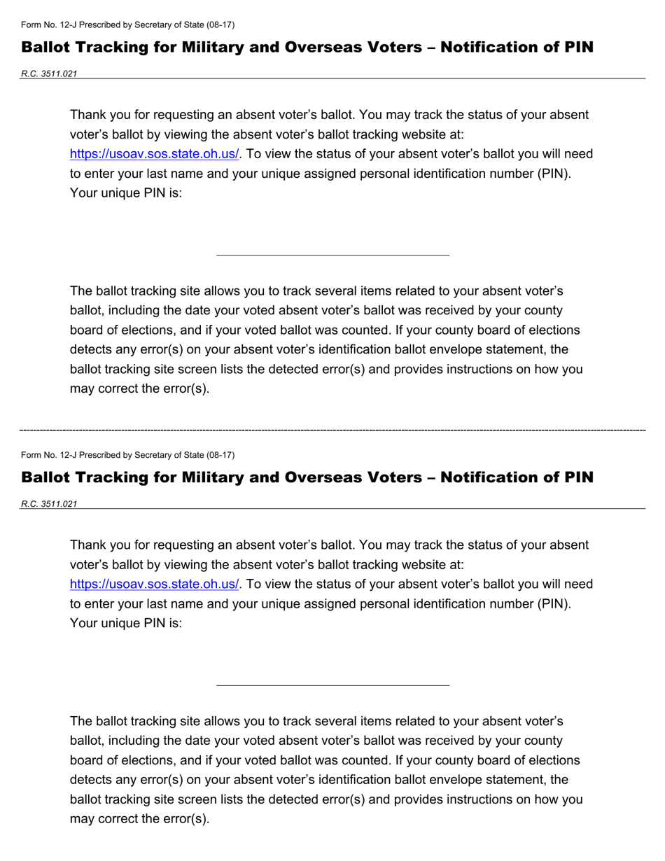 Form 12-J Ballot Tracking for Military and Overseas Voters - Notification of Pin - Ohio, Page 1