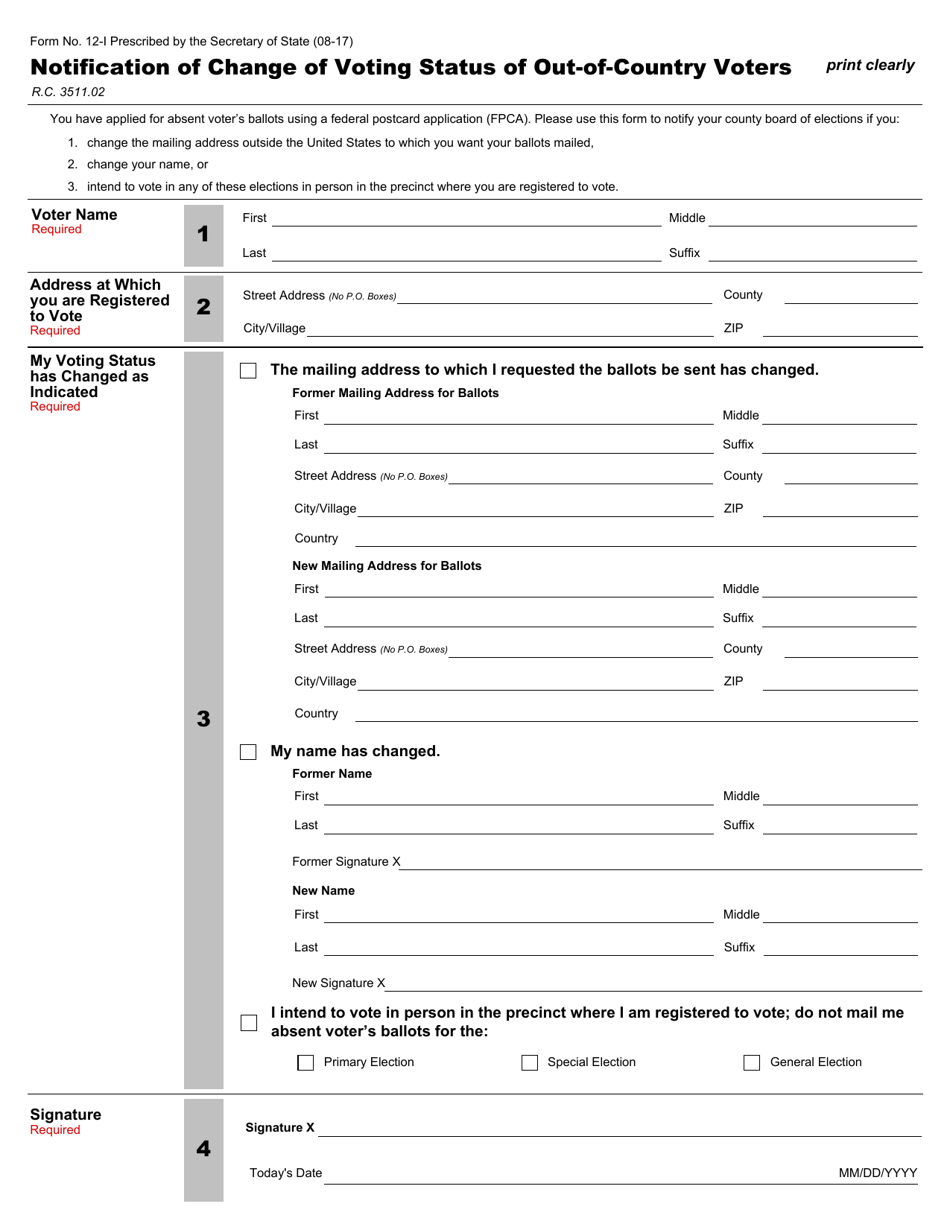 Form 12-I Notification of Change of Voting Status of out-Of-Country Voters - Ohio, Page 1