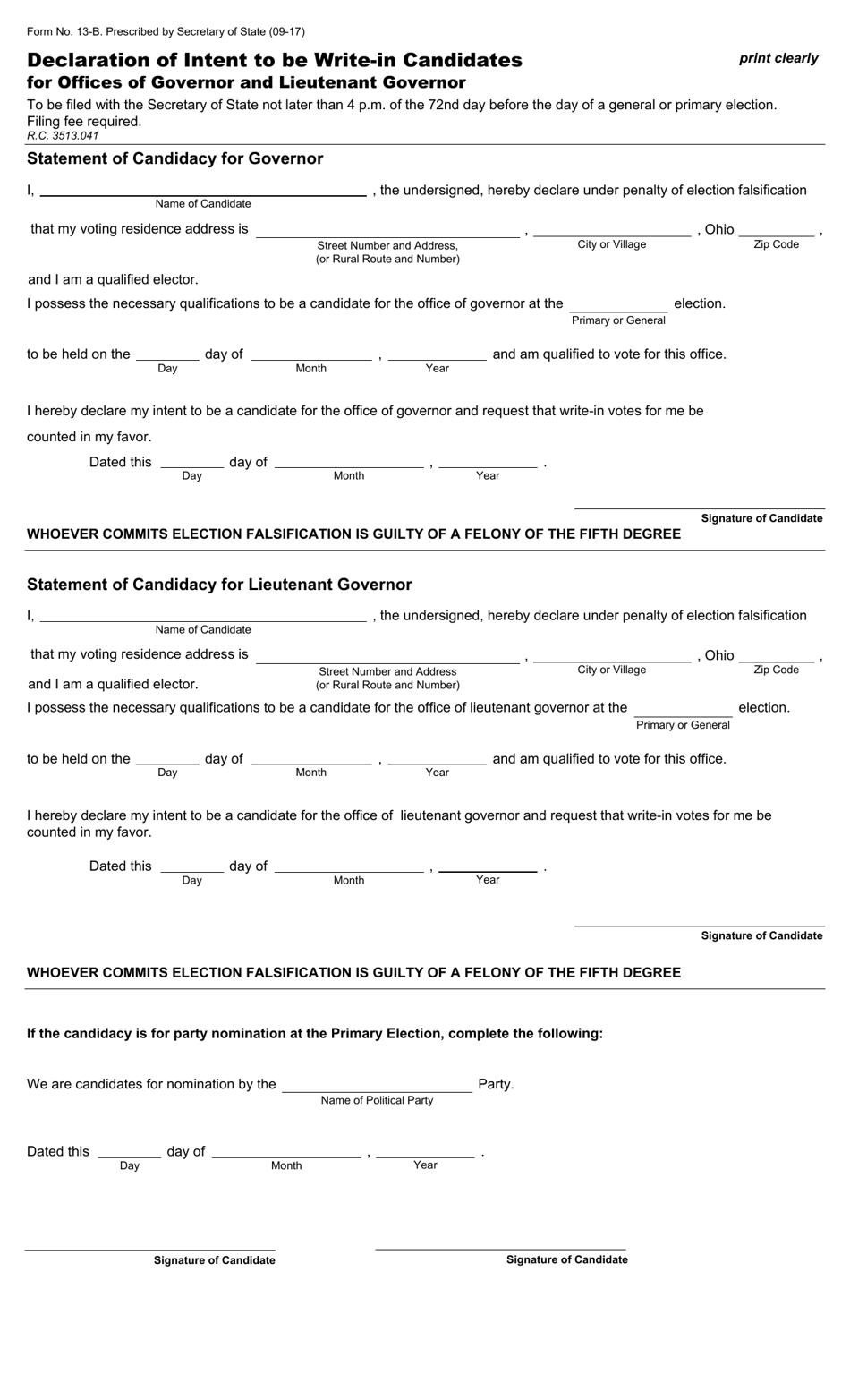 Form 13-B Declaration of Intent to Be Write-In Candidates for Offices of Governor and Lieutenant Governor - Ohio, Page 1