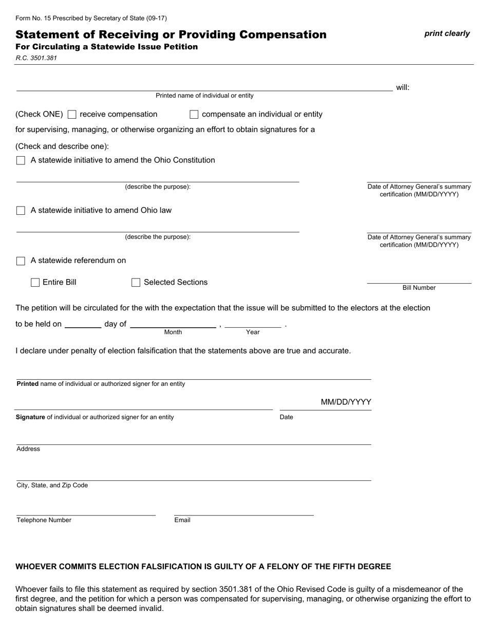 Form 15 Statement of Receiving or Providing Compensation for Circulating a Statewide Issue Petition - Ohio, Page 1