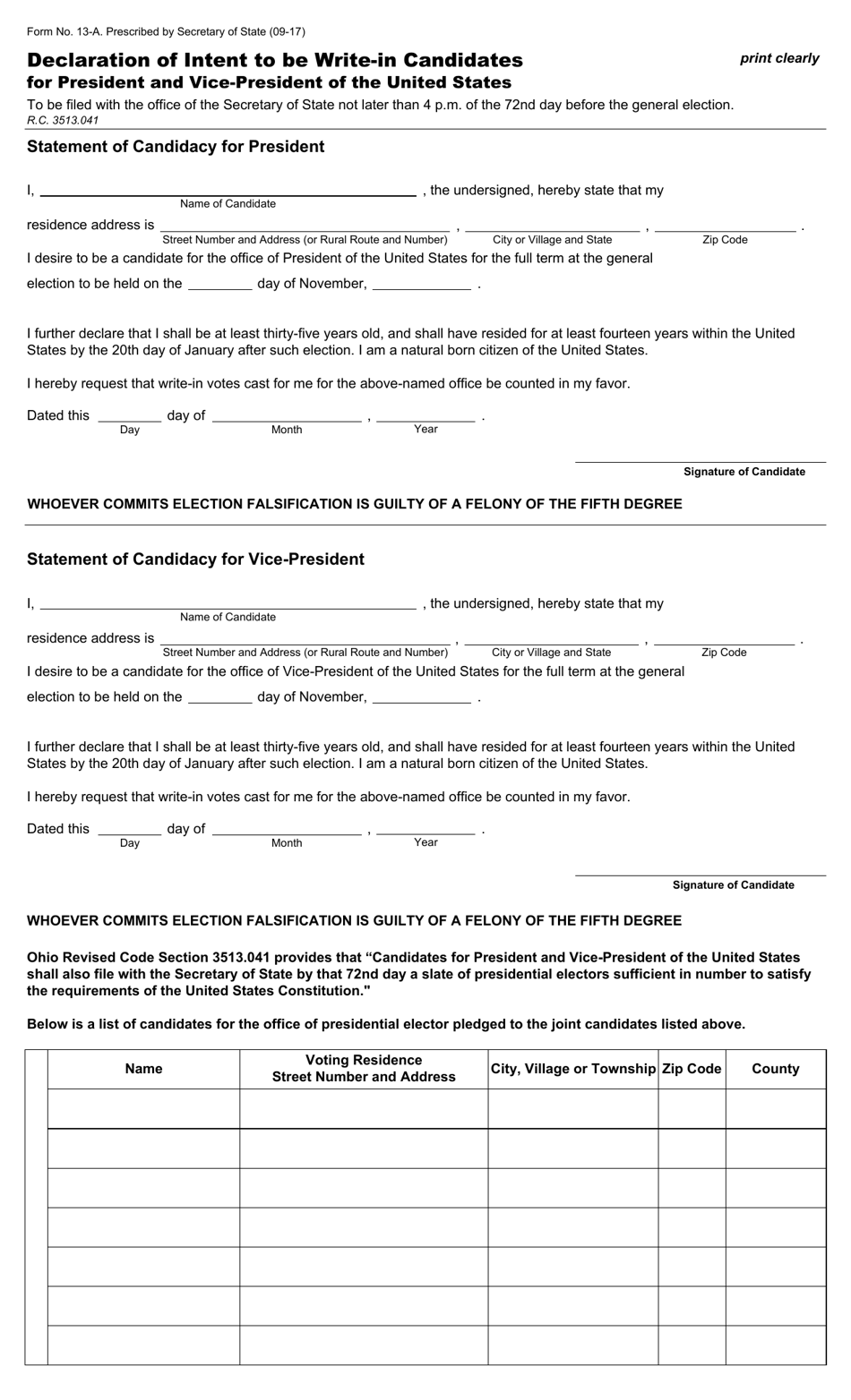 Form 13-A Declaration of Intent to Be Write-In Candidates for President and Vice-President of the United States - Ohio, Page 1