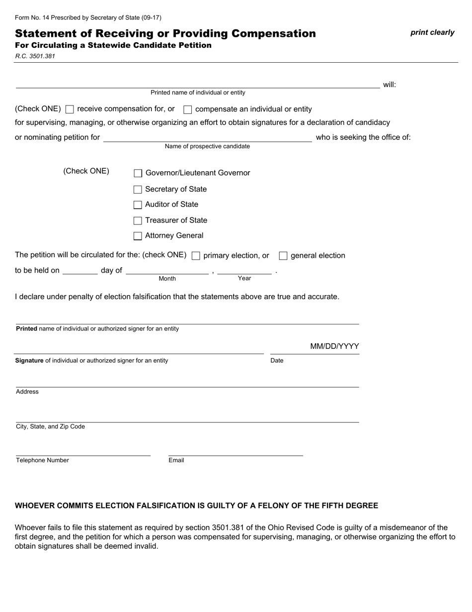 Form 14 Statement of Receiving or Providing Compensation for Circulating a Statewide Candidate Petition - Ohio, Page 1