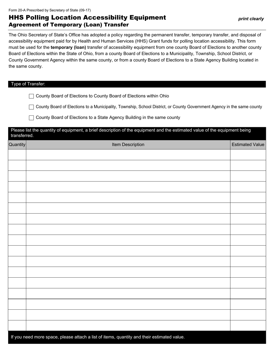 Form 20-A Hhs Polling Location Accessibility Equipment Agreement of Temporary (Loan) Transfer - Ohio, Page 1