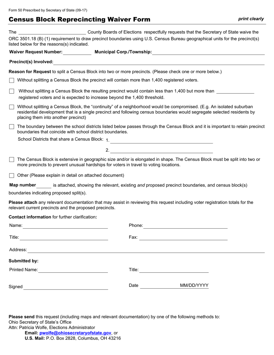 Form 50 Census Block Reprecincting Waiver Form - Ohio, Page 1