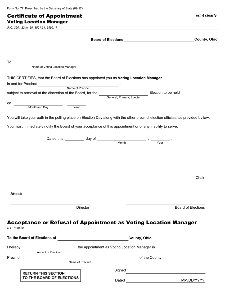 Form 77 Certificate of Appointment - Voting Location Manager - Ohio, Page 1