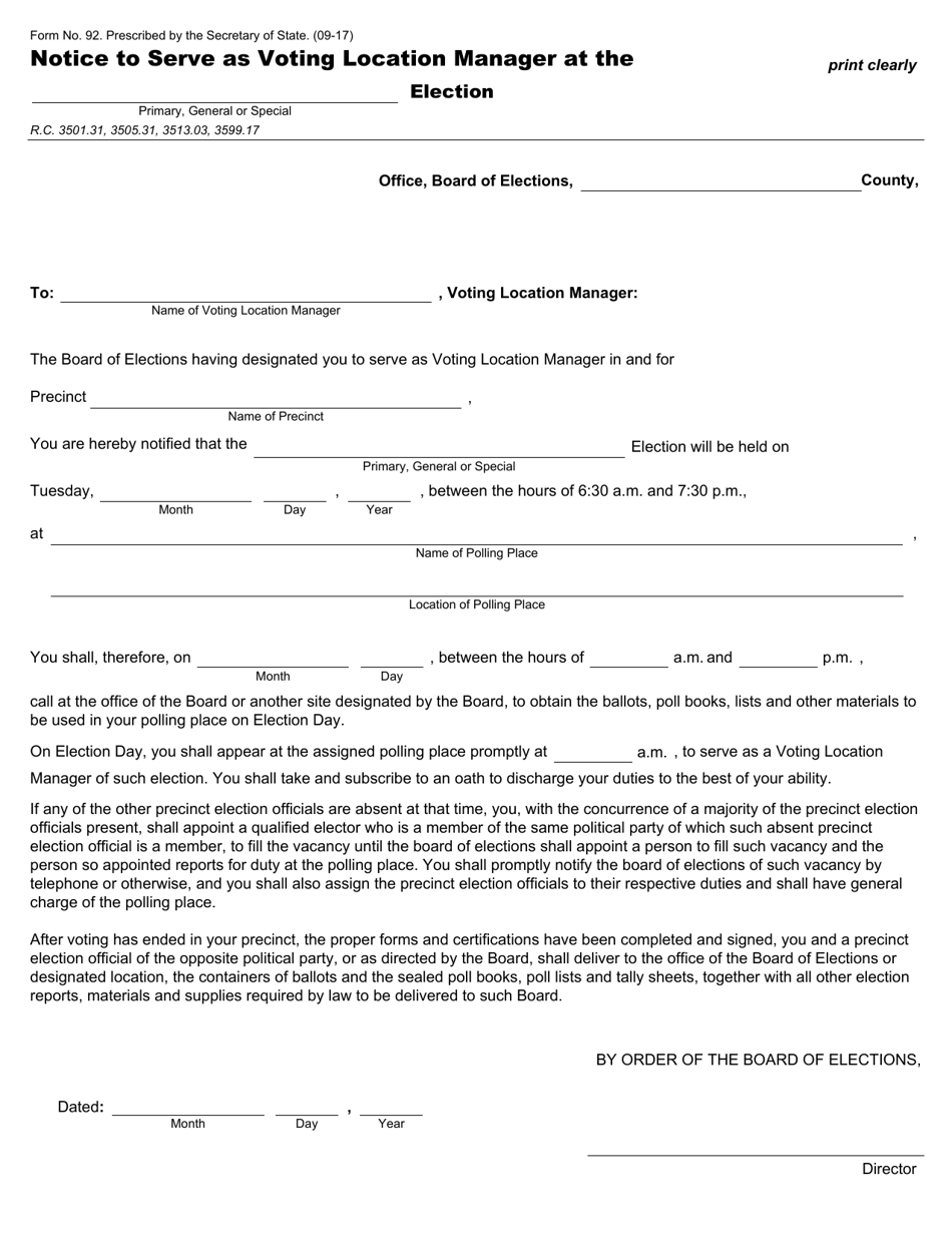 Form 92 Notice to Serve as Voting Location Manager at the Election - Ohio, Page 1