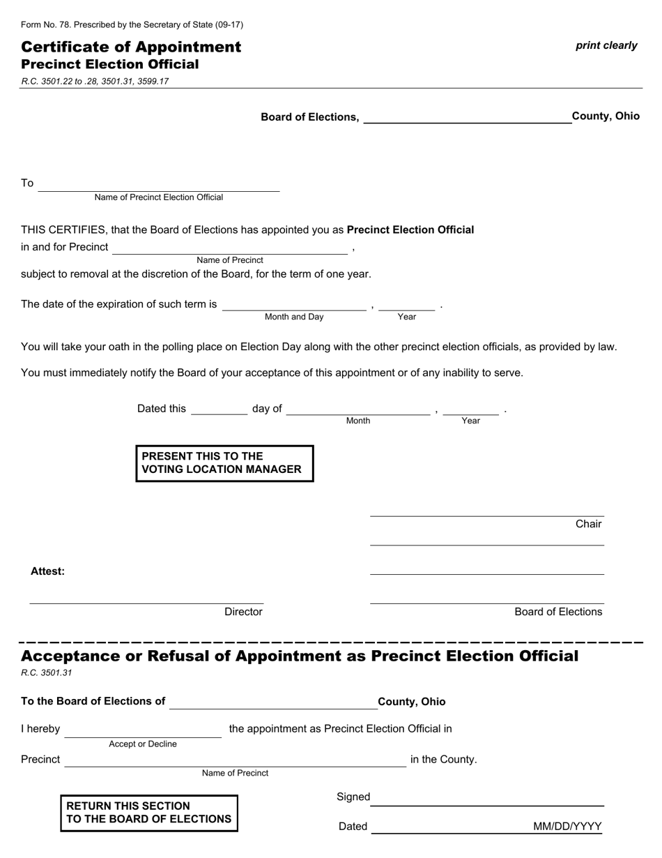 Form 78 Certificate of Appointment - Precinct Election Official - Ohio, Page 1
