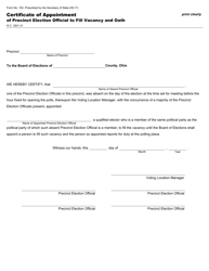 Document preview: Form 104 Certificate of Appointment of Precinct Election Official to Fill Vacancy and Oath - Ohio