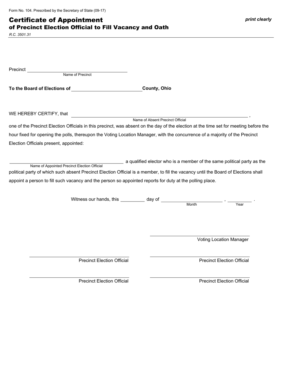 Form 104 Certificate of Appointment of Precinct Election Official to Fill Vacancy and Oath - Ohio, Page 1