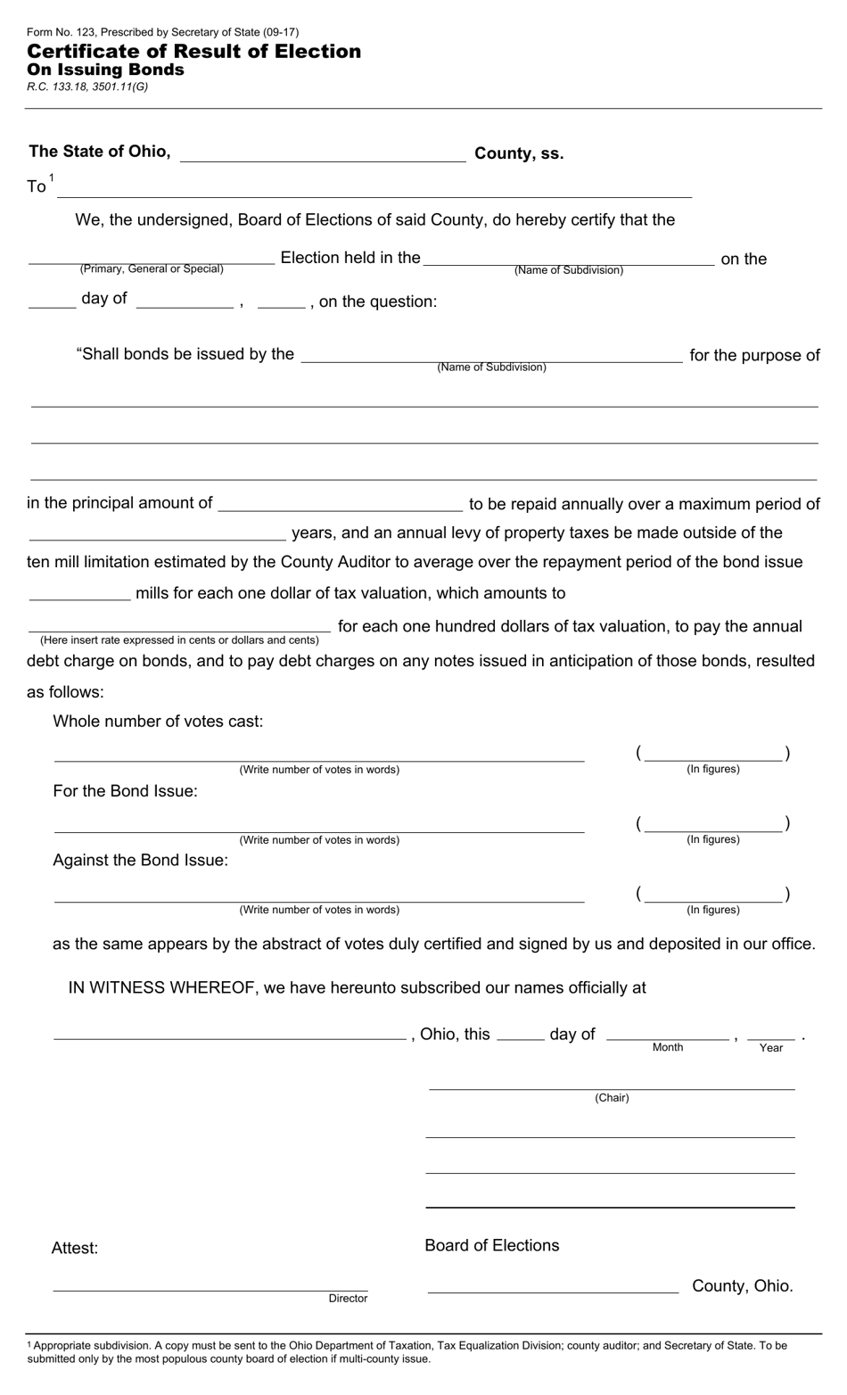 Form 123 Certificate of Result of Election on Issuing Bonds - Ohio, Page 1