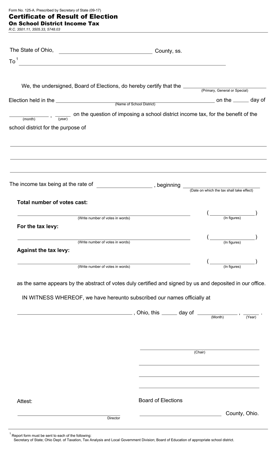 Form 125-A Certificate of Result of Election on School District Income Tax - Ohio, Page 1