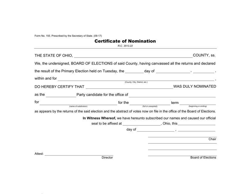 Form 155 Certificate of Nomination - Ohio