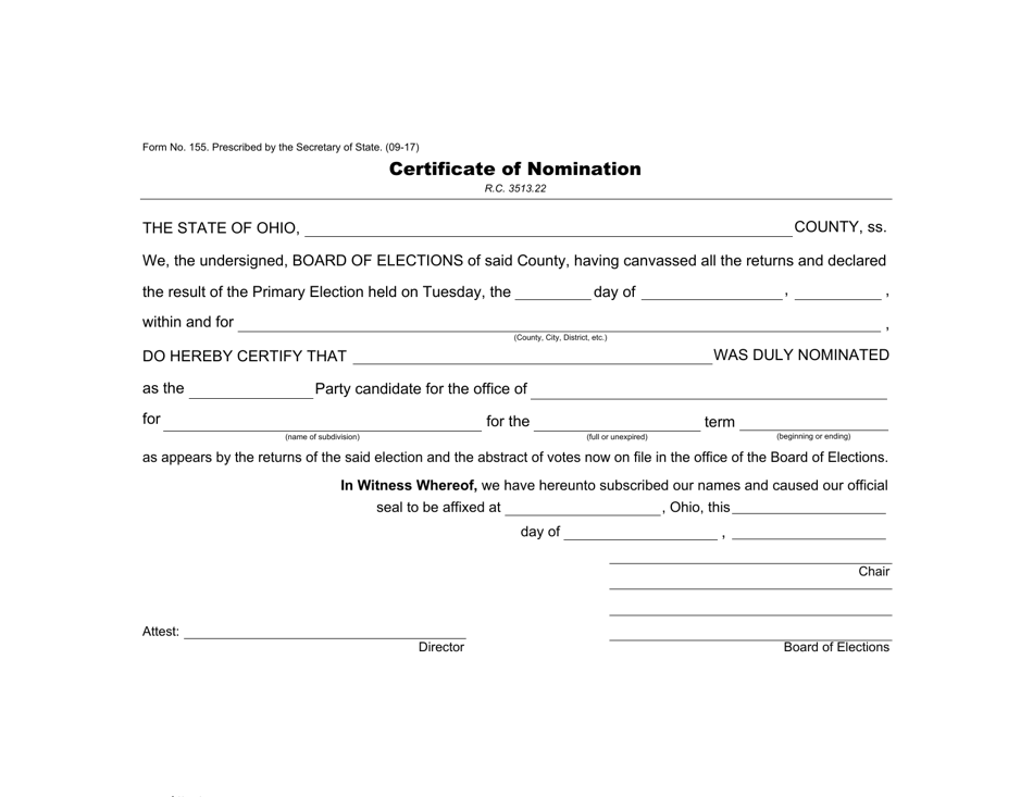 Form 155 Certificate of Nomination - Ohio, Page 1