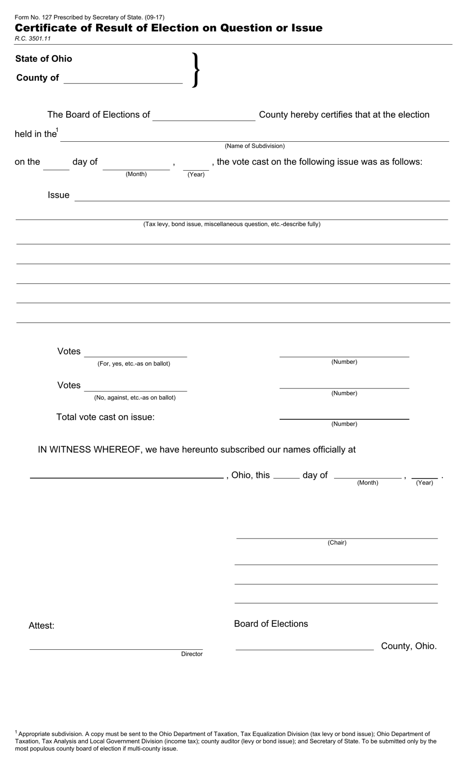 Form 127 Certificate of Result of Election on Question or Issue - Ohio, Page 1