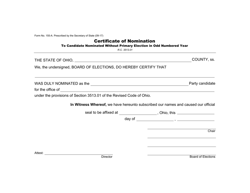 Form 155-A Certificate of Nomination to Candidate Nominated Without Primary Election in Odd Numbered Year - Ohio