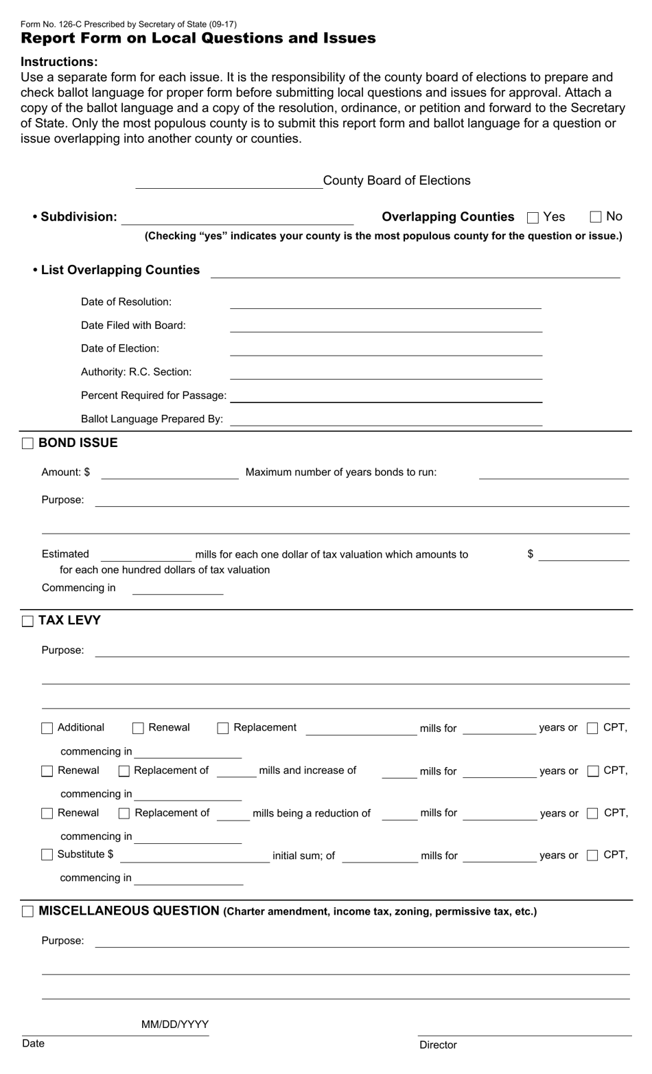 Form 126-C Report Form on Local Questions and Issues - Ohio, Page 1