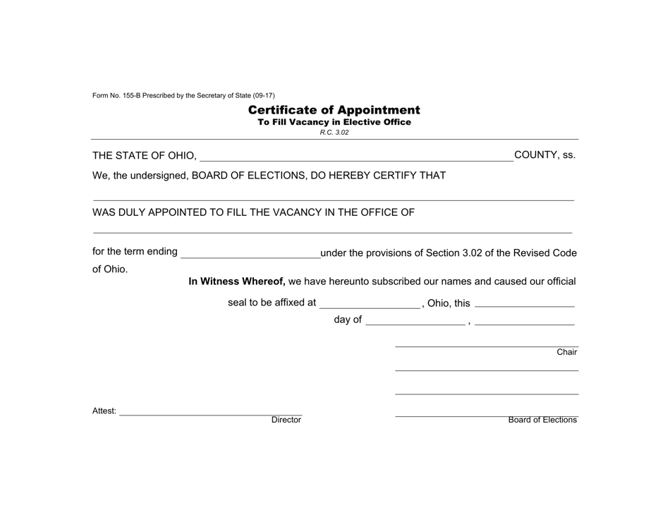 Form 155-B Certificate of Appointment to Fill Vacancy in Elective Office - Ohio, Page 1