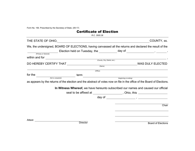 Form 156 Certificate of Election - Ohio